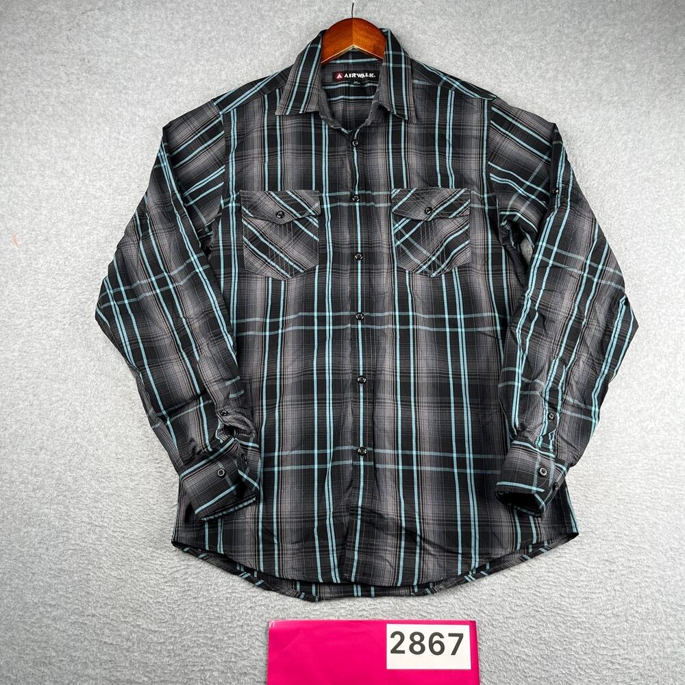 Airwalk Shirt Black Blue Plaid Casual Button Up Long Sleeve Mens Medium